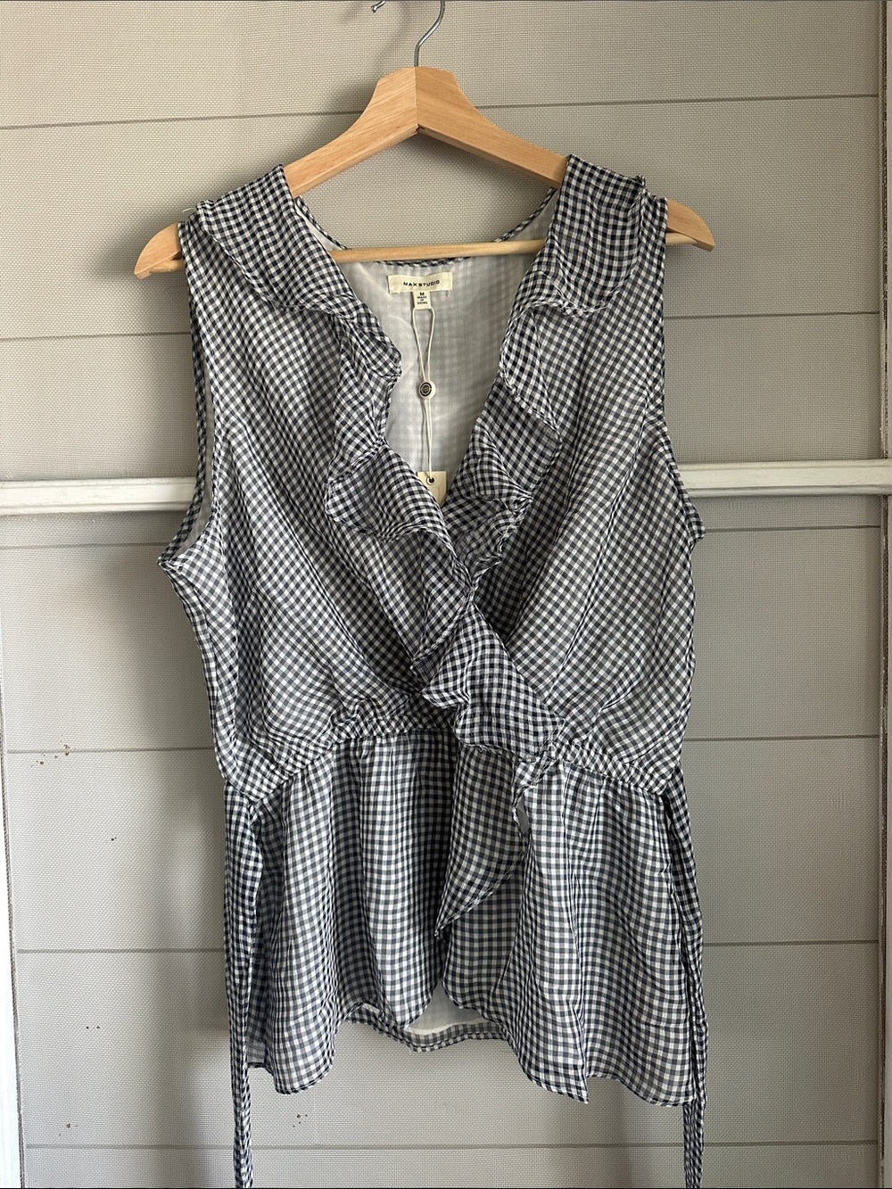 Max Studio Navy and White Gingham Ruffle Wrap Blouse - Picture 8 of 8